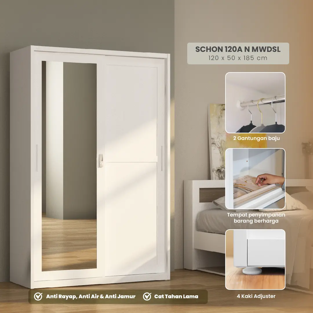 PIRA - SCHON 120A N MWDSL LEMARI PAKAIAN BESI SLIDING / PINTU GESER warna WHITE - PIRA - foto 1