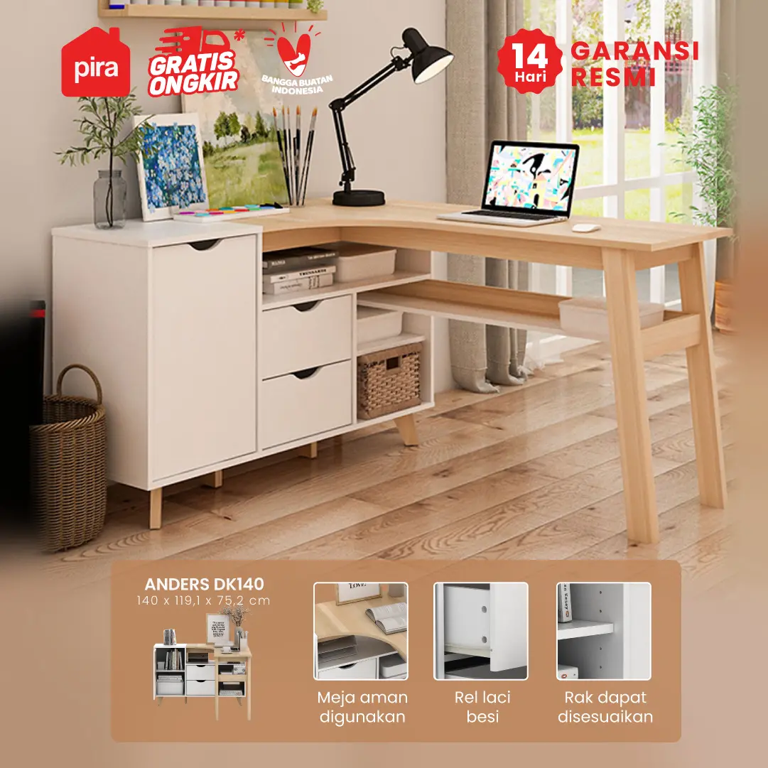 PIRA - ANDERS DK140 MEJA KERJA / MEJA BELAJAR / MEJA KANTOR / MEJA KERJA SUDUT warna WHITE SM - PRO OAK - PIRA - foto 1