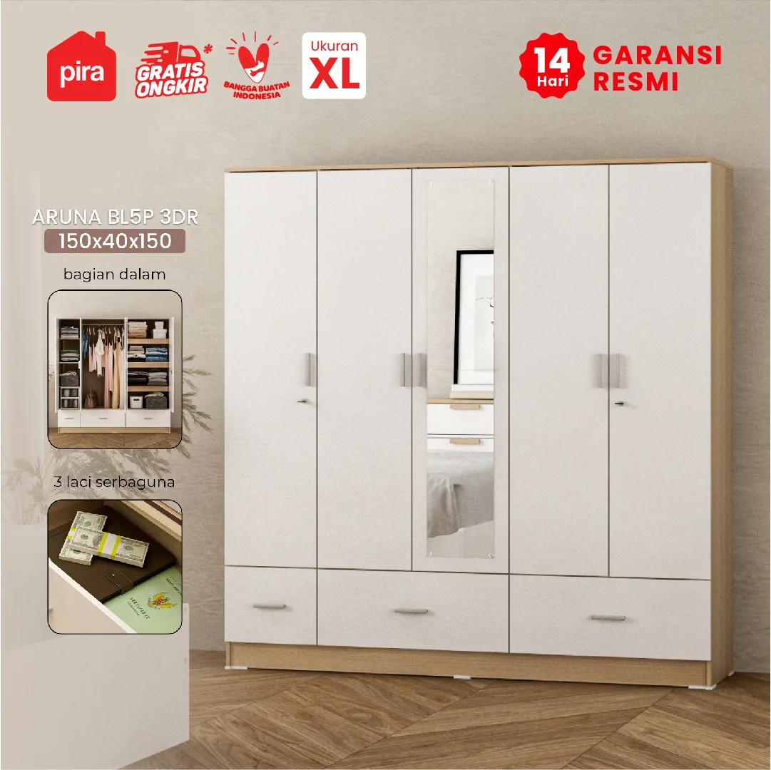 PIRA METROPOLIS OX - ARUNA BL5P 3DR LEMARI PAKAIAN 5 PINTU / LEMARI BAJU DENGAN LACI warna PRO OAK - WHITE - PIRA METROPOLIS OX - foto 1
