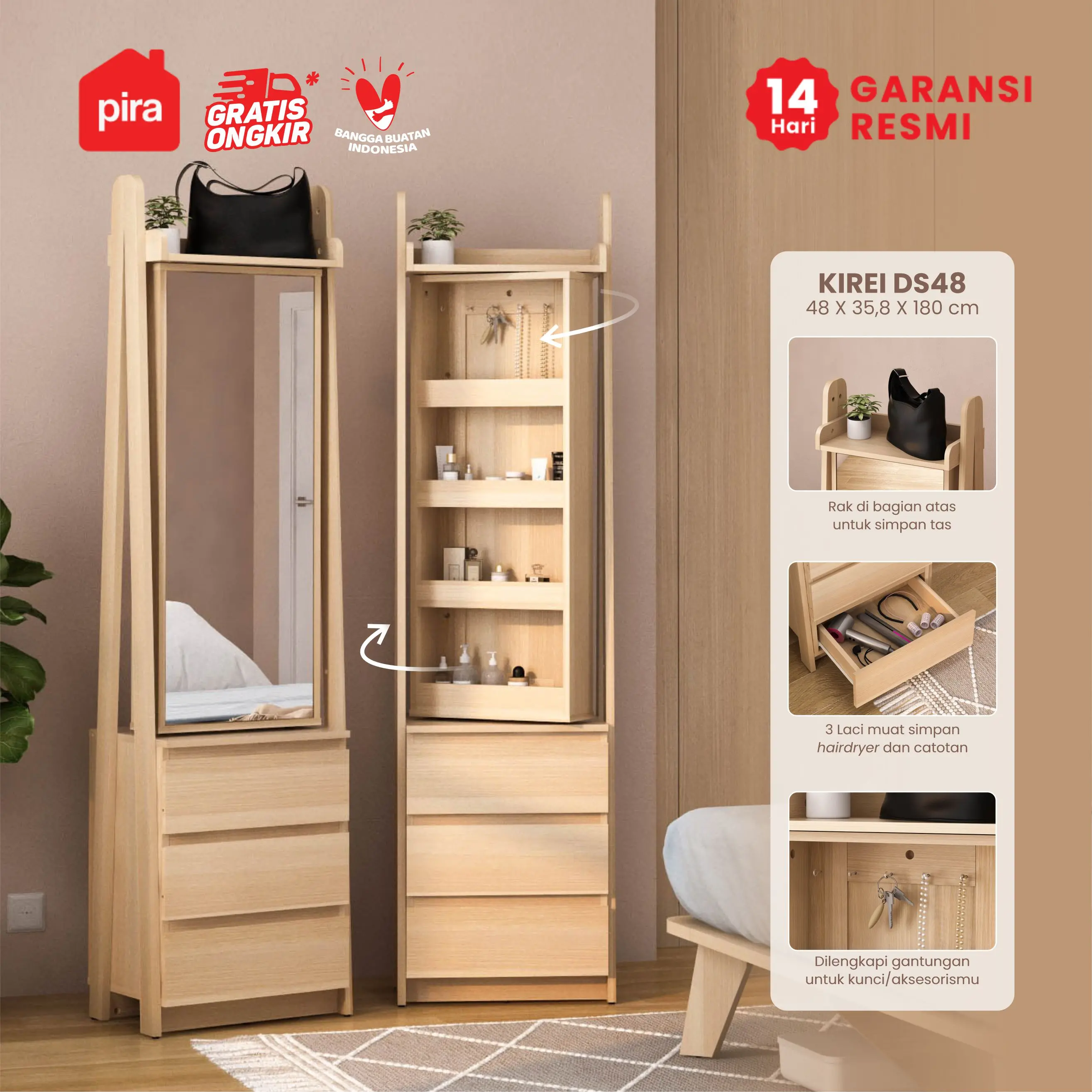 PIRA - KIREI DS48 MEJA RIAS / CERMIN FULL BODY / MEJA RIAS MINIMALIS warna PRO OAK - PIRA - foto 1