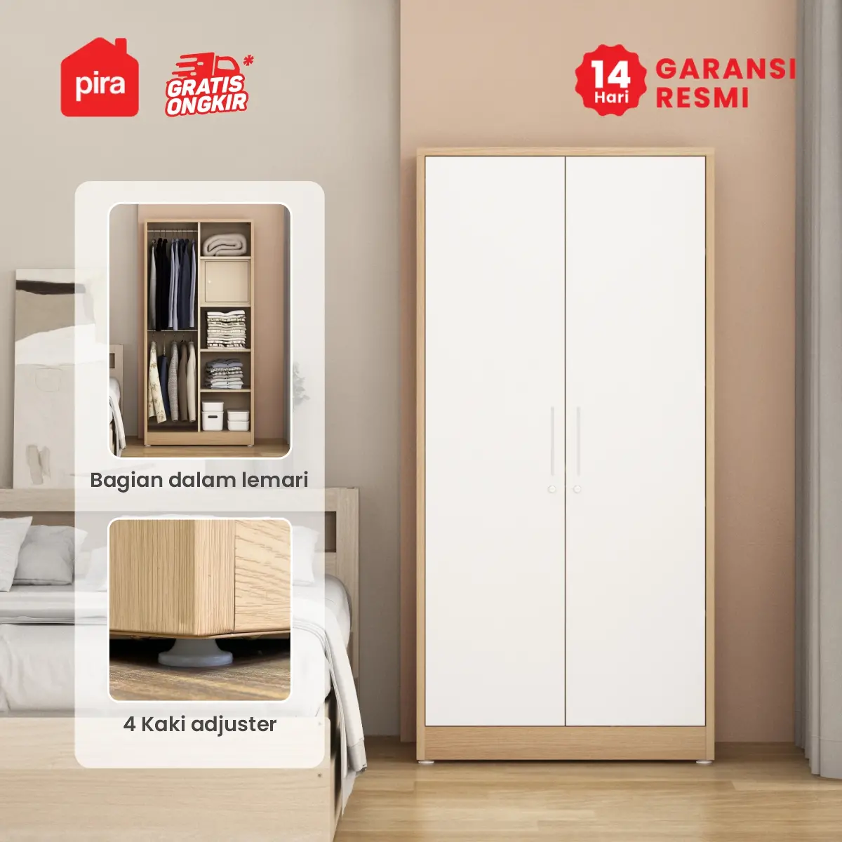 PIRA - ASHTON 2P MWD LEMARI PAKAIAN BESI 2 PINTU warna LIGHT ASH - WHITE - PIRA - foto 2