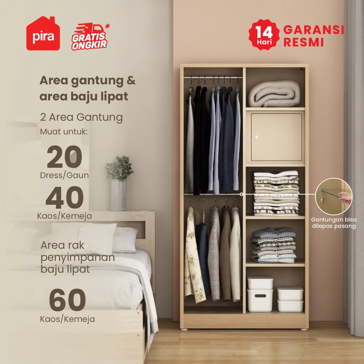 PIRA - ASHTON 2P MWD LEMARI PAKAIAN BESI 2 PINTU warna LIGHT ASH - WHITE - PIRA - foto 3