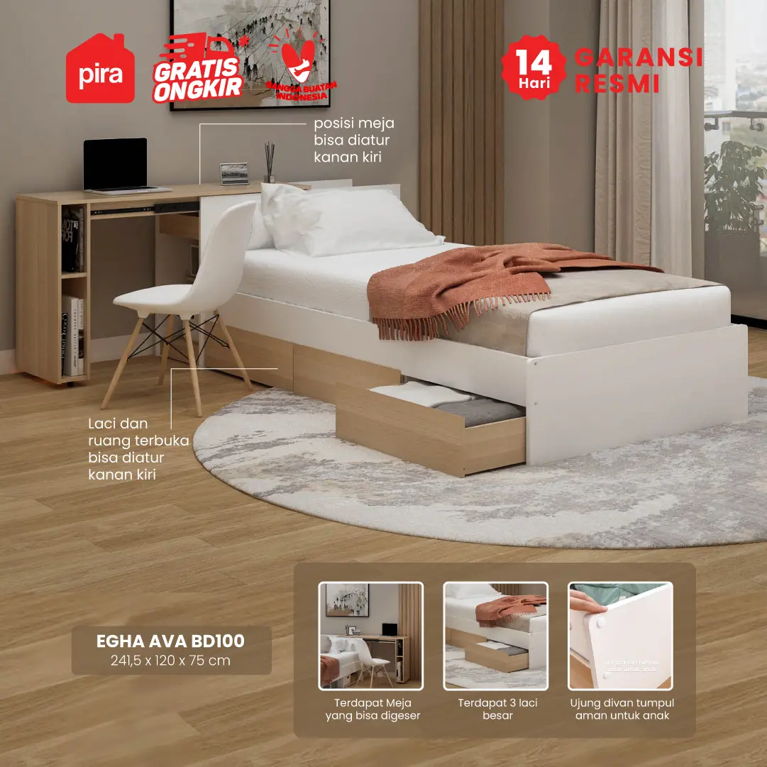 PIRA -  EGHA AVA BD100 DIVAN / TEMPAT TIDUR DENGAN MEJA SLIDING warna WHITE SM - PRO OAK - PIRA - foto 1