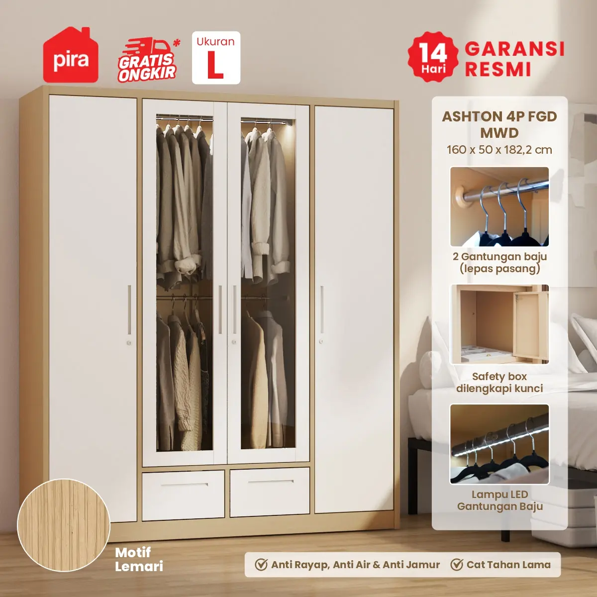 PIRA - ASHTON 4P FGD MWD LEMARI PAKAIAN BESI 4 PINTU / LEMARI BESI JUMBO DENGAN LACI DAN LED warna LIGHT ASH - WHITE - PIRA - foto 1
