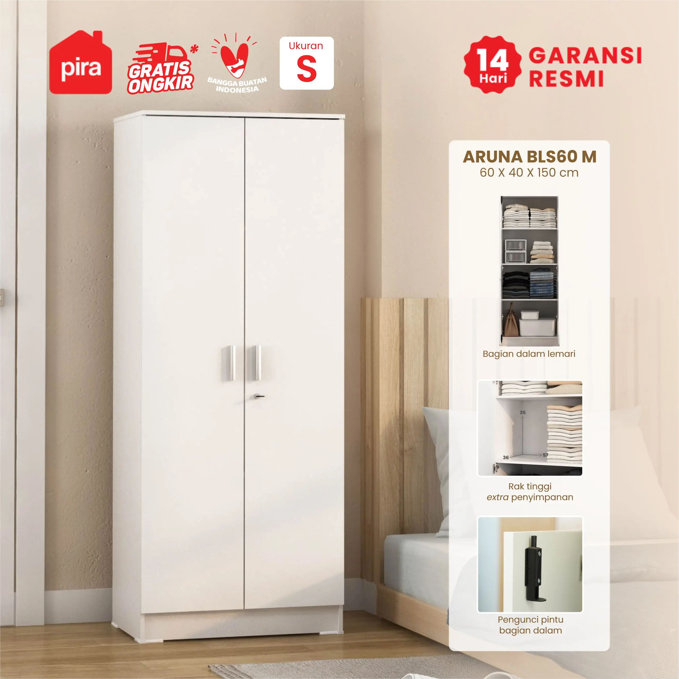 PIRA METROPOLIS -  ARUNA BLS60 M LEMARI PAKAIAN MEDIUM 2 PINTU FULL RAK / LEMARI BAJU warna WHITE - PIRA METROPOLIS OX - foto 1