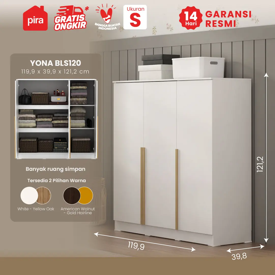 PIRA METROPOLIS - YONA BLS120 LEMARI PAKAIAN 3 PINTU FULL RAK warna WHITE - YELLOW OAK - PIRA METROPOLIS - foto 1