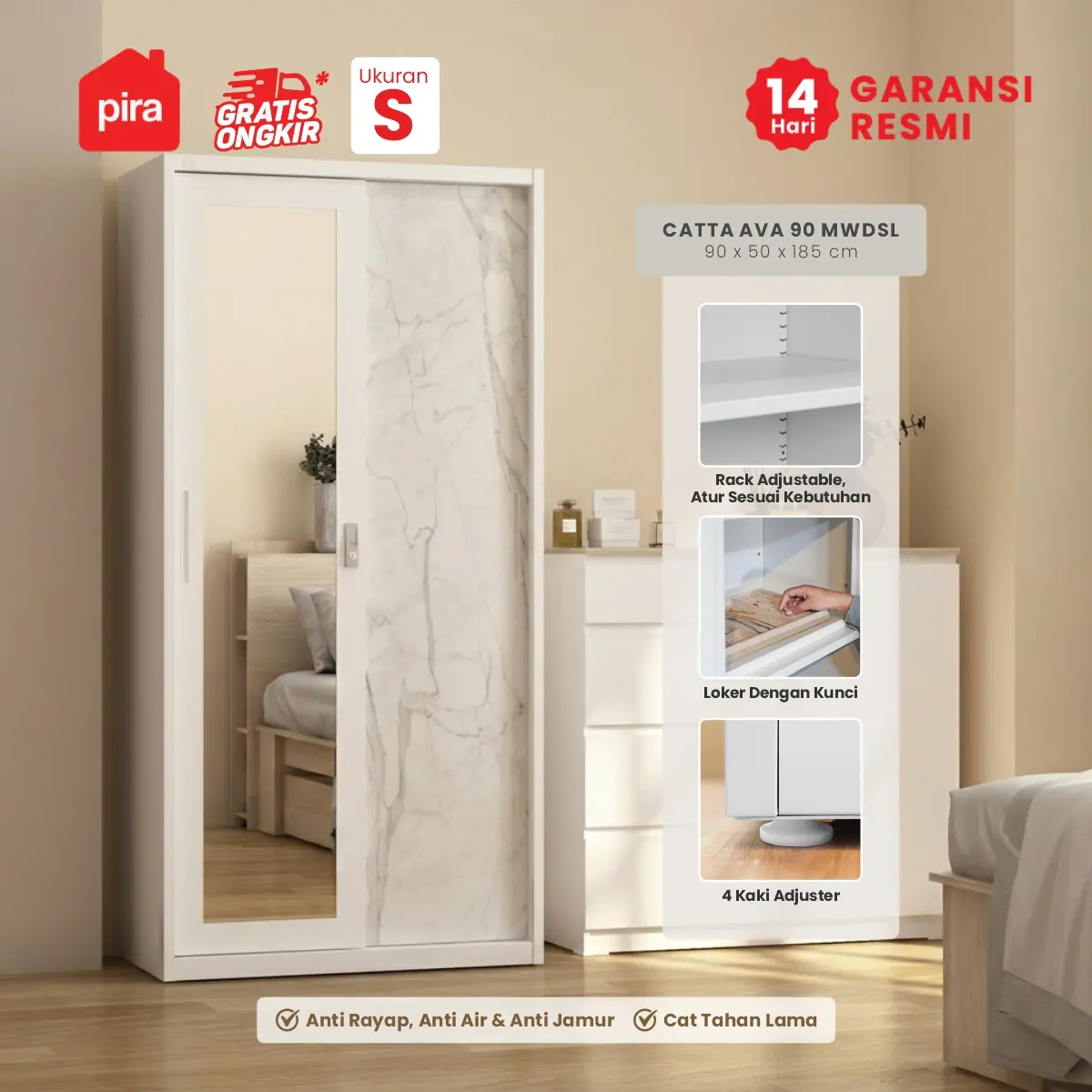 PIRA - CATTA AVA 90 MWDSL LEMARI PAKAIAN BESI SLIDING / PINTU GESER warna LIGHT MARBLE - WHITE - PIRA - foto 1