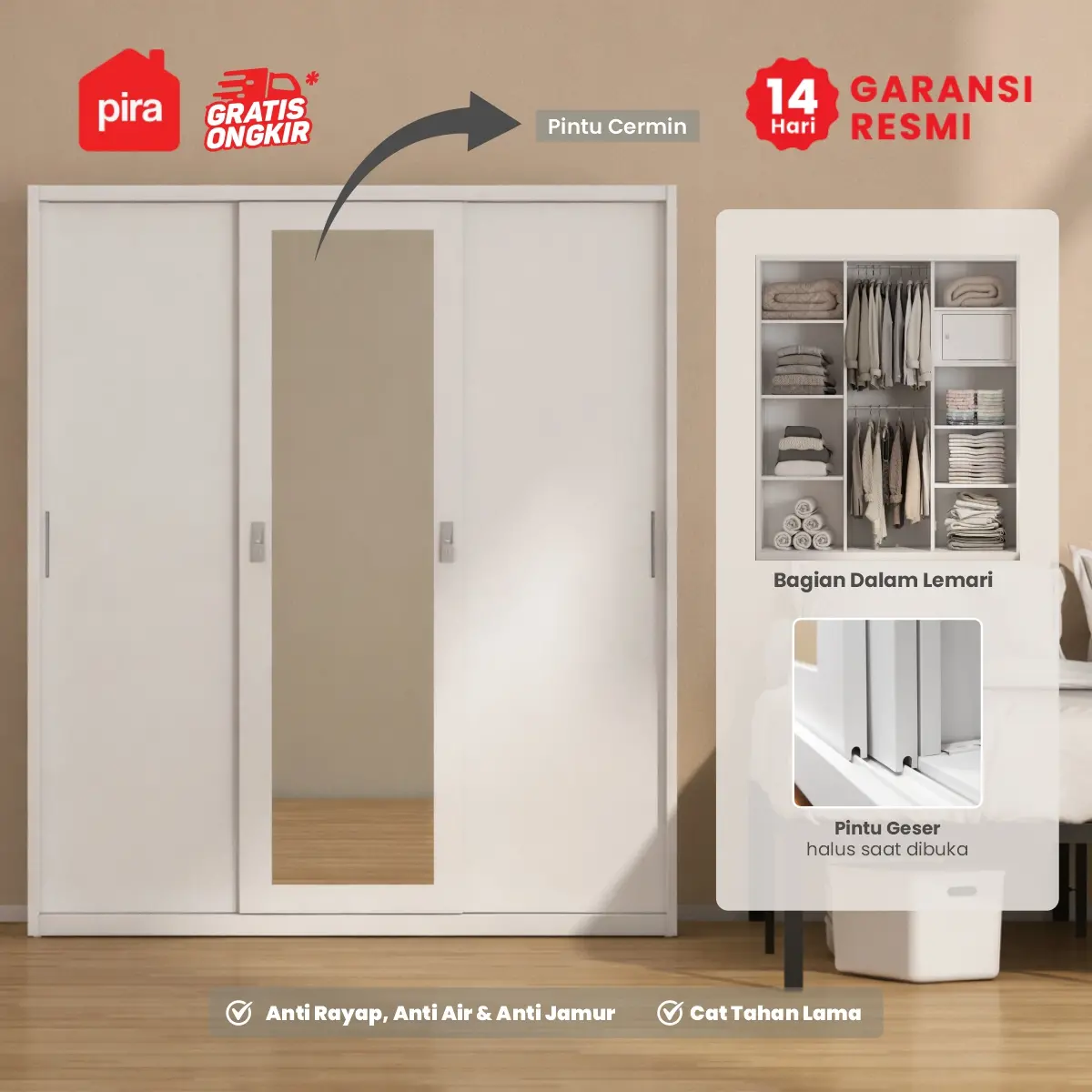 PIRA - STEEL 160 MWDSL LEMARI PAKAIAN BESI 3 PINTU SLIDING / PINTU GESER / LEMARI JUMBO warna WHITE - PIRA - foto 2