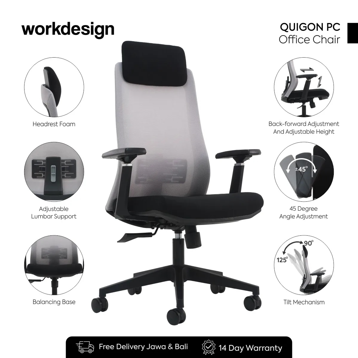 WORKDESIGN QUIGON PC KURSI KANTOR / KURSI KERJA ERGONOMIS DENGAN LUMBAR SUPPORT warna BLACK - WORKDESIGN - foto 1