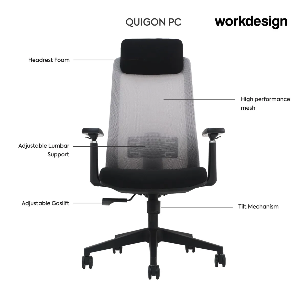 WORKDESIGN QUIGON PC KURSI KANTOR / KURSI KERJA ERGONOMIS DENGAN LUMBAR SUPPORT warna BLACK - WORKDESIGN - foto 3
