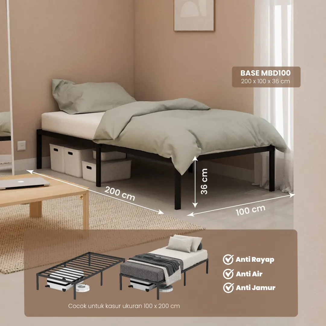 PIRA - BASE MBD100 DIPAN BESI / RANJANG / TEMPAT TIDUR BESI warna BLACK - PIRA - foto 1