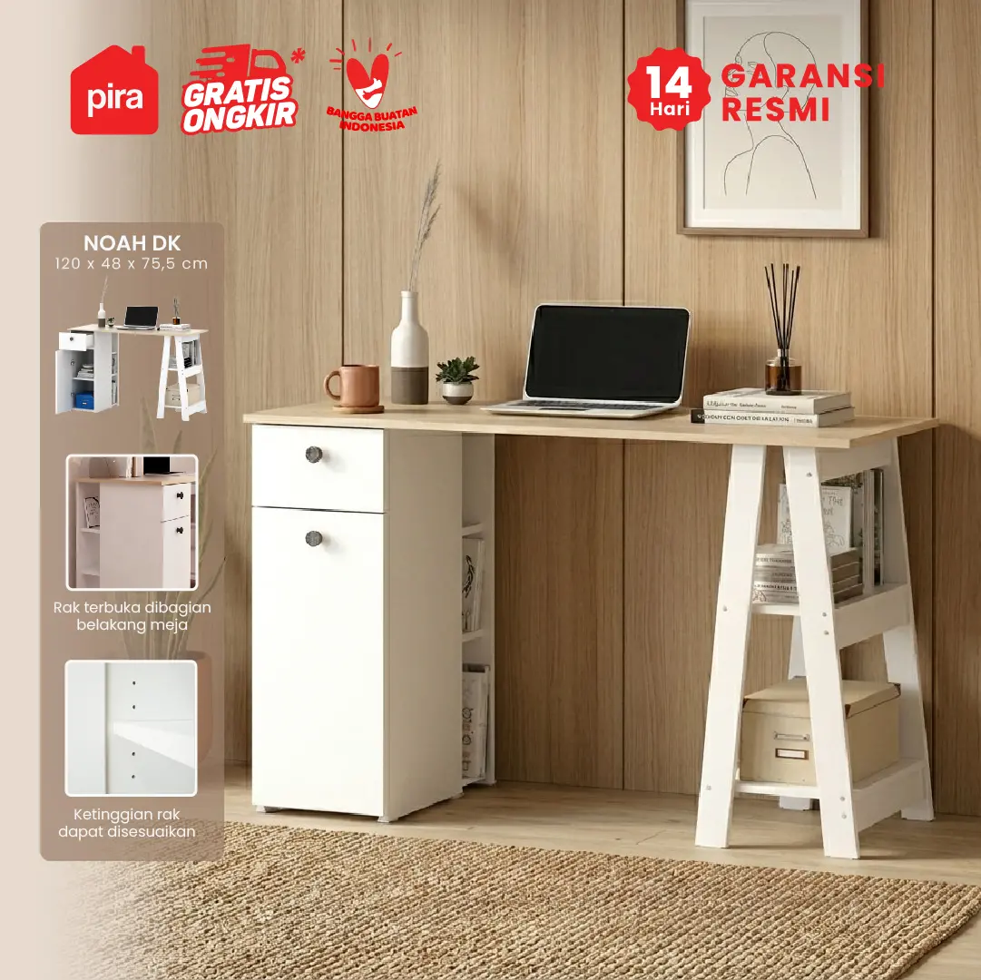 PIRA OX - NOAH DK MEJA KERJA / MEJA BELAJAR warna WHITE SM - PRO OAK - PIRA - foto 1