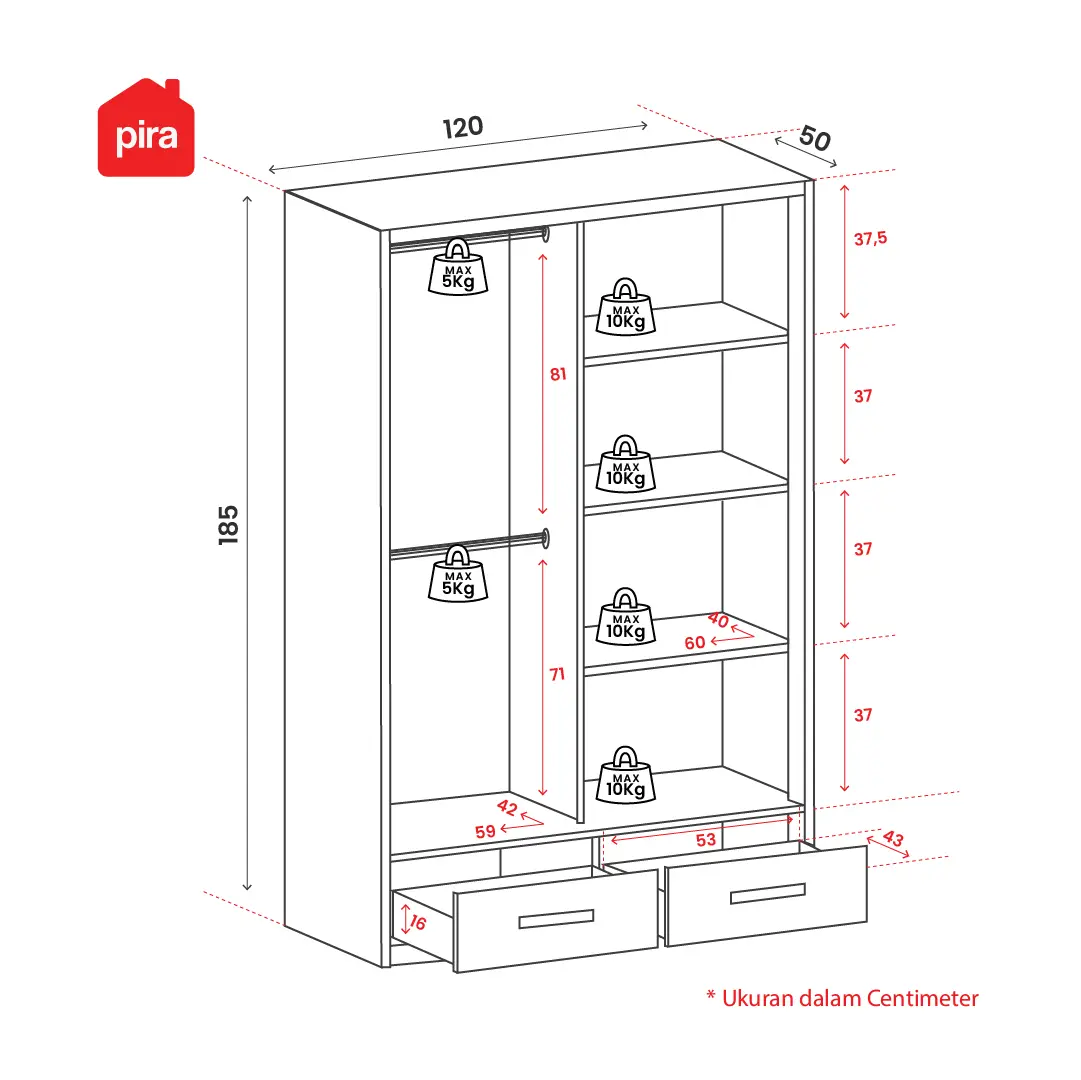 Panduan ukuran PIRA -  STEEL A 120G MWDSL LEMARI PAKAIAN BESI PINTU SLIDING / LEMARI PINTU GESER / LEMARI BAJU DENGAN KACA TRANSPARAN DAN LED warna WHITE - PIRA