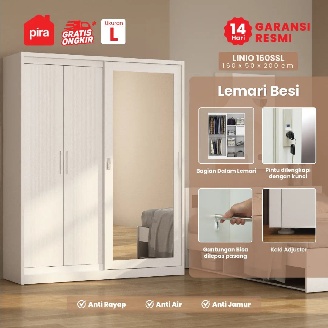 PIRA - LINIO 160 SSL MWDSL LEMARI PAKAIAN BESI SLIDING / PINTU GESER / LEMARI JUMBO warna WHITE - LIGHT GREY - PIRA - foto 1