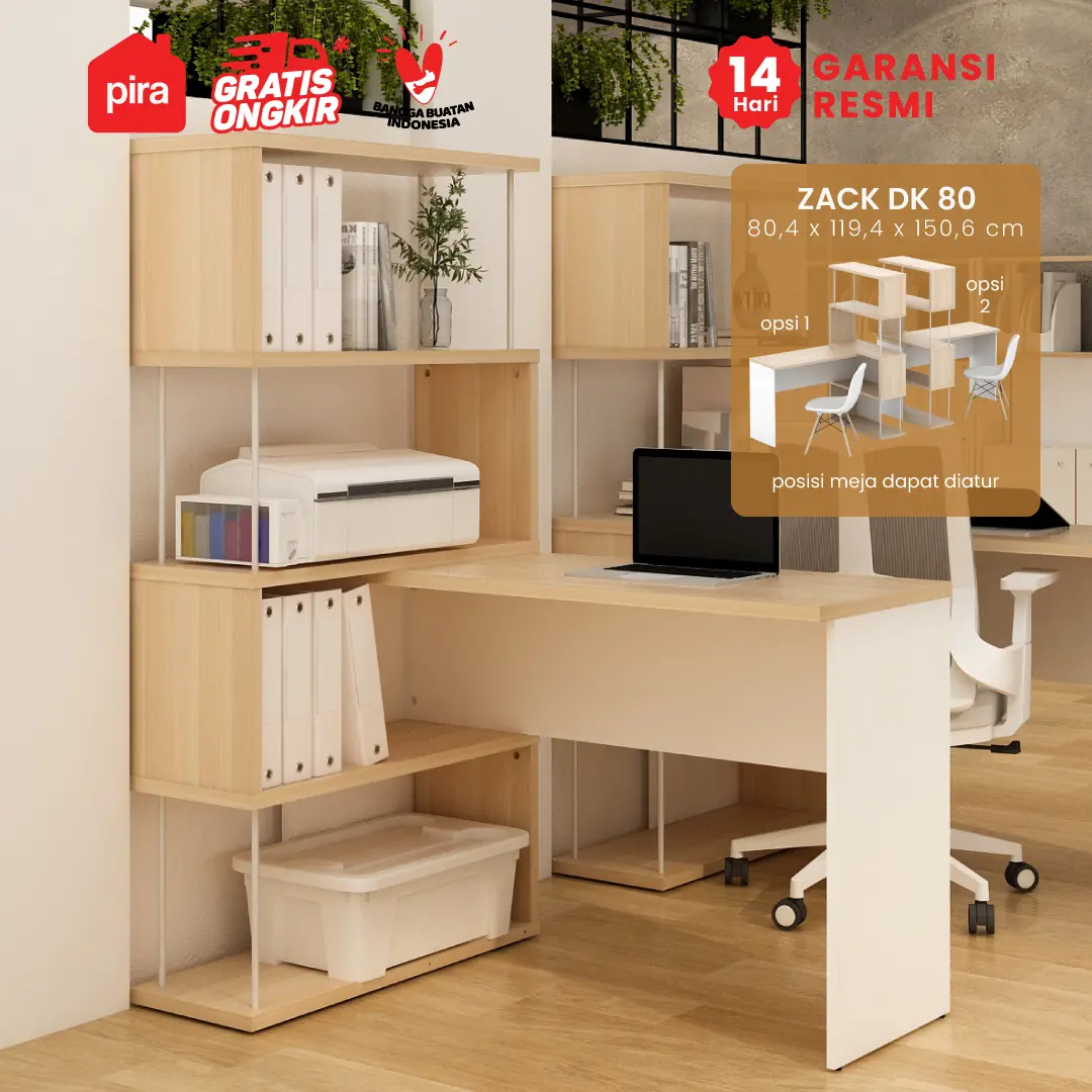 PIRA - ZACK DK 80 MEJA KERJA / MEJA BELAJAR DENGAN RAK BUKU warna PRO OAK - WHITE SM - PIRA - foto 1
