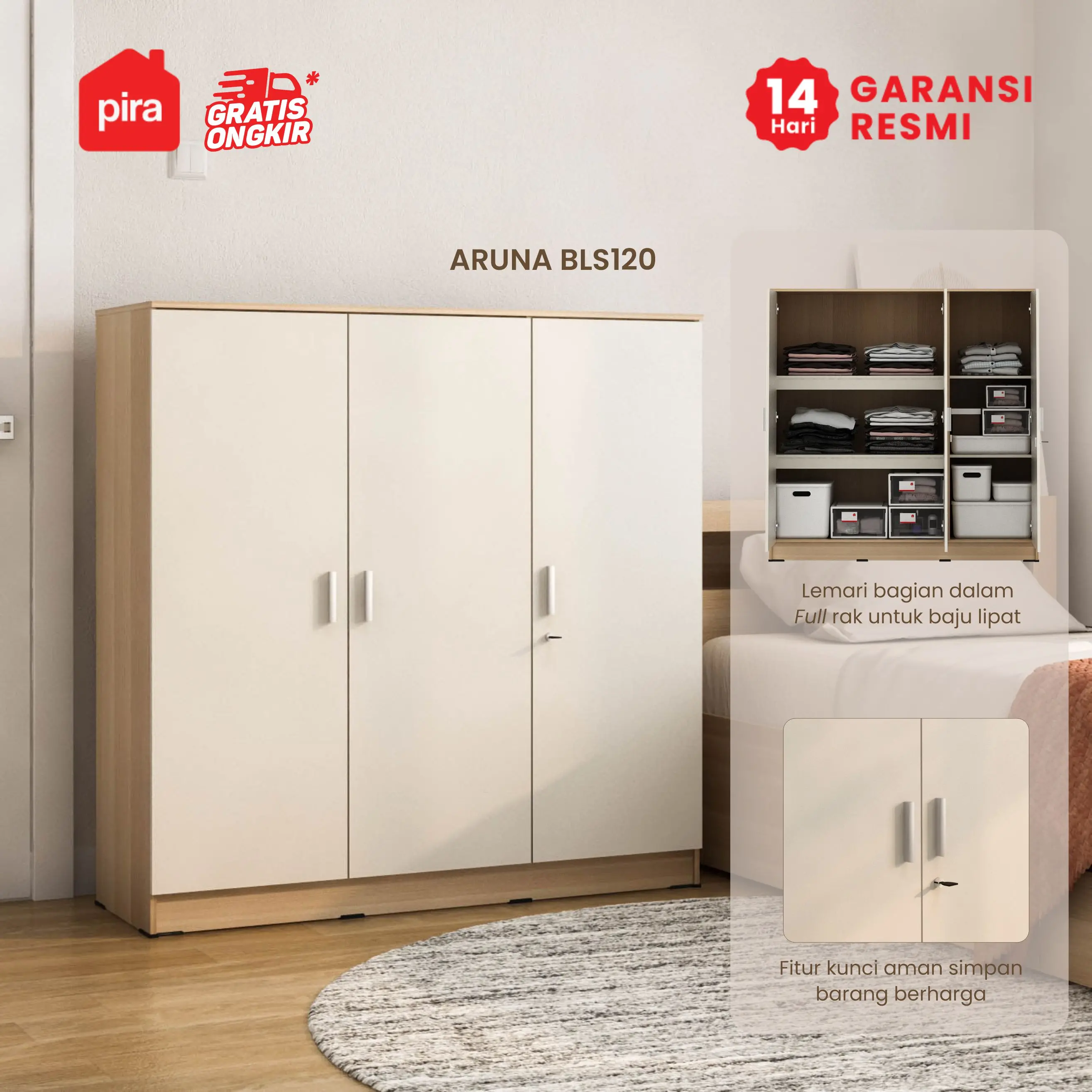 PIRA METROPOLIS OX - ARUNA BLS120 LEMARI PAKAIAN 3 PINTU FULL RAK warna PRO OAK - LIGHT TAUPE - PIRA METROPOLIS OX - foto 2
