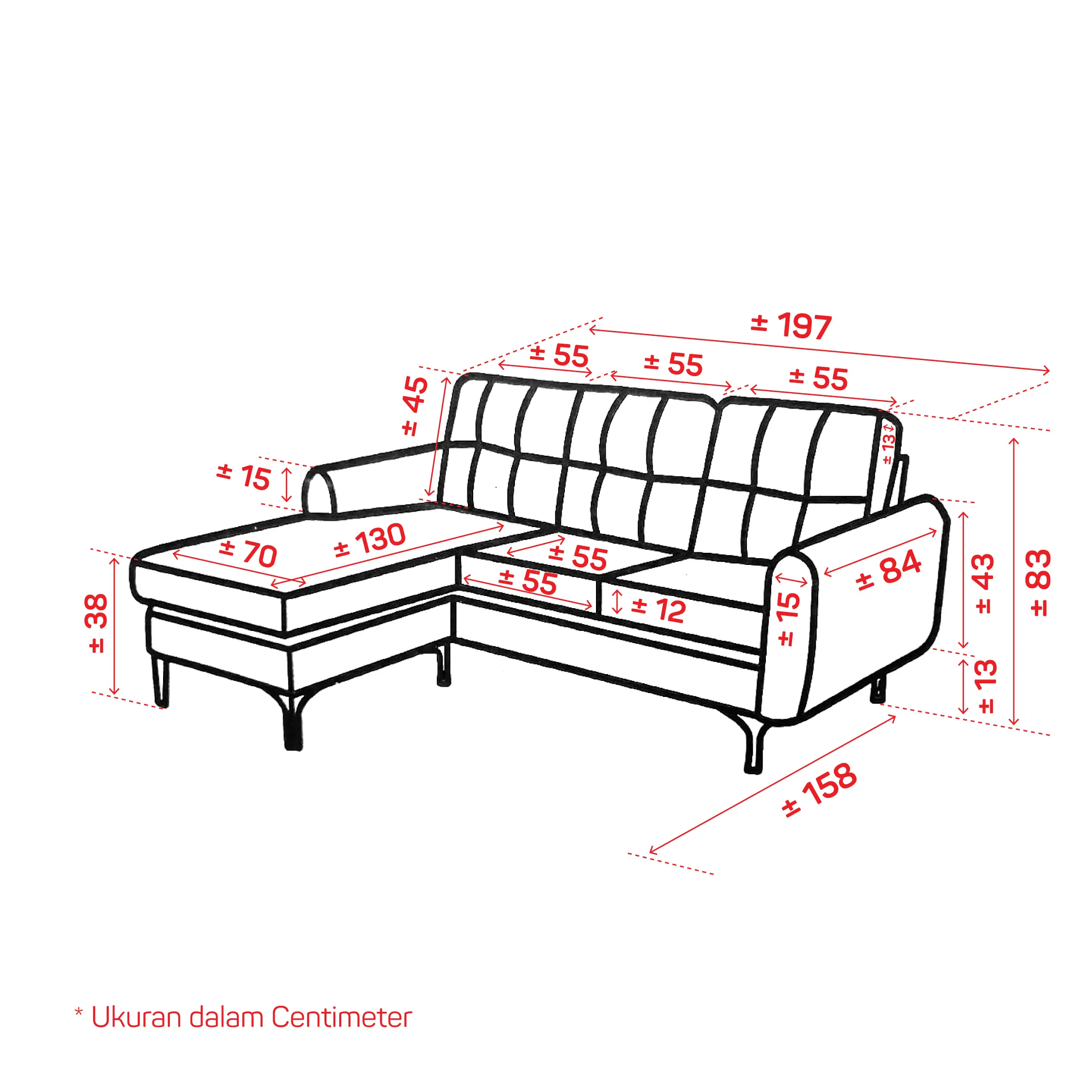 Panduan ukuran PIRA - GENTO SFC SOFA CORNER warna LIGHT BEIGE - PIRA