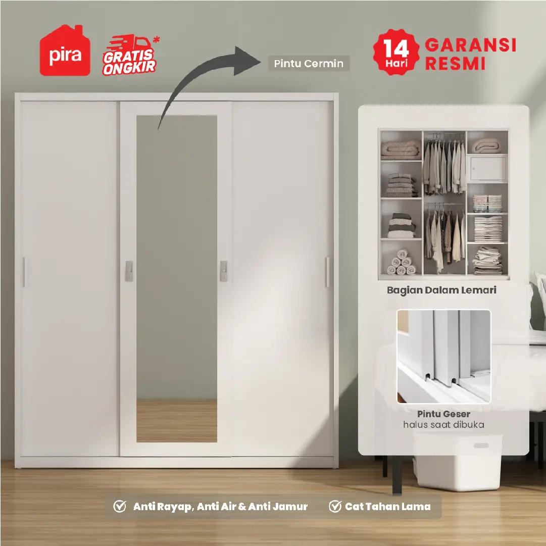 PIRA OX - RALF 160 MWDSL LEMARI PAKAIAN BESI SLIDING / PINTU GESER / LEMARI JUMBO warna WHITE - PIRA - foto 2