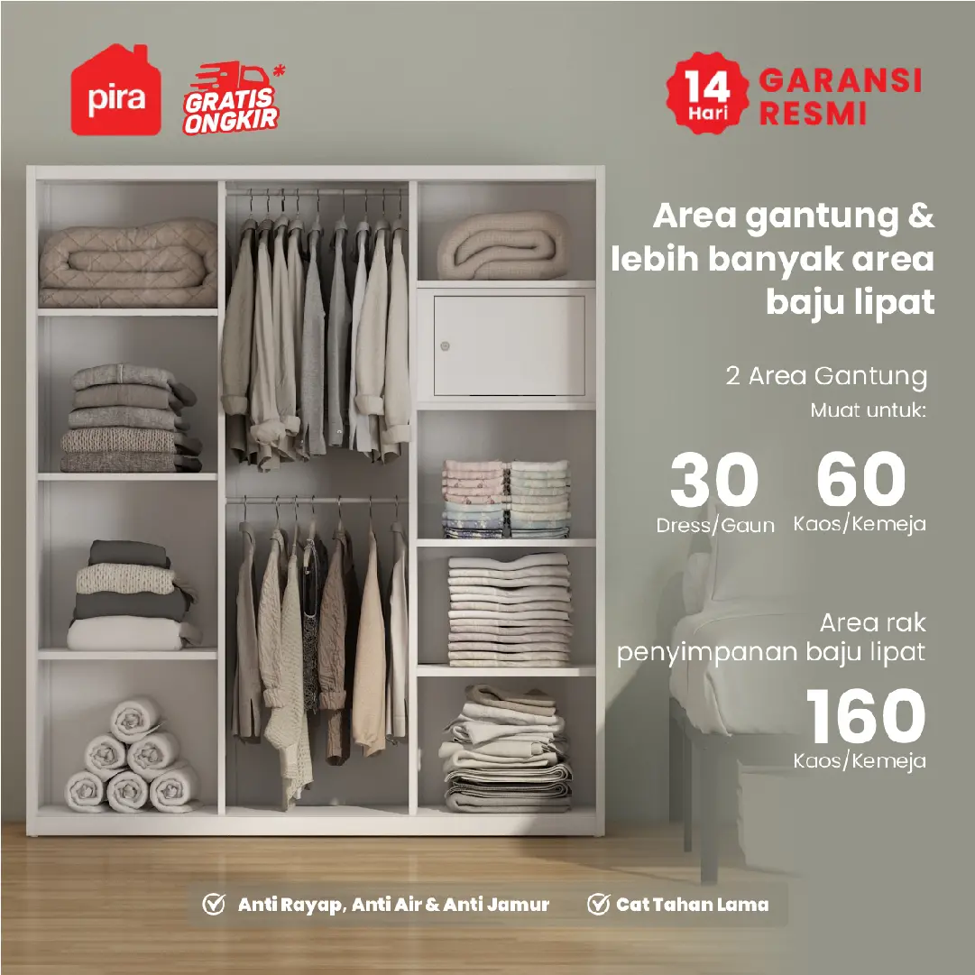 PIRA OX - RALF 160 MWDSL LEMARI PAKAIAN BESI SLIDING / PINTU GESER / LEMARI JUMBO warna WHITE - PIRA - foto 3