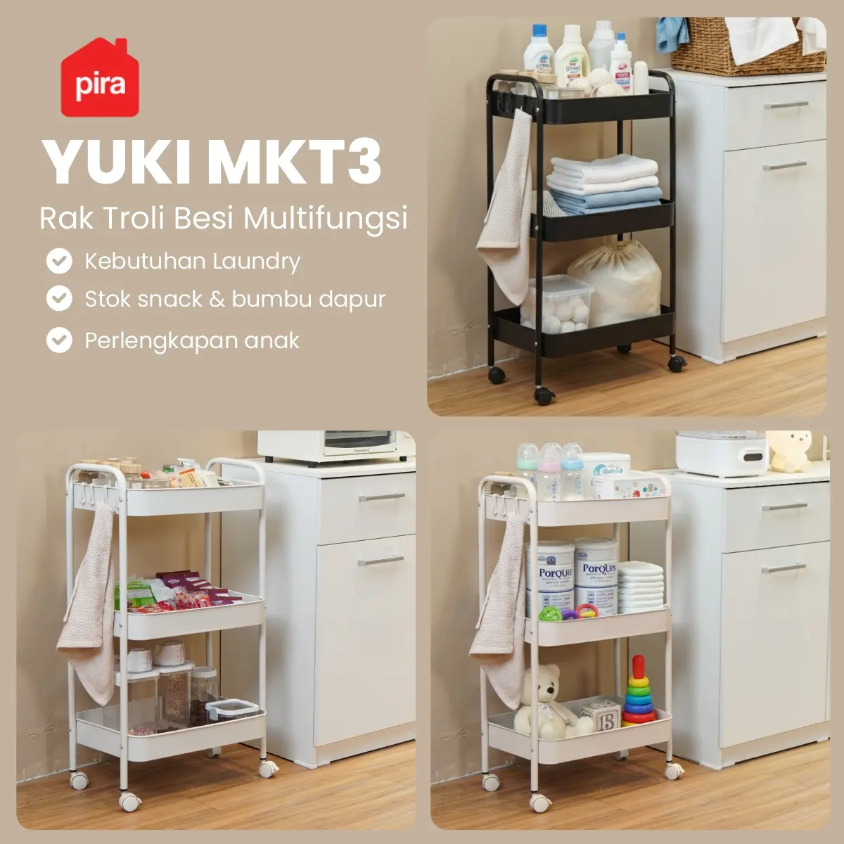 PIRA - YUKI MKT3 RAK TROLI / RAK PENYIMPANAN / RAK SERBAGUNA / RAK BESI 3 SUSUN DENGAN RODA warna CREAM - PIRA - foto 2