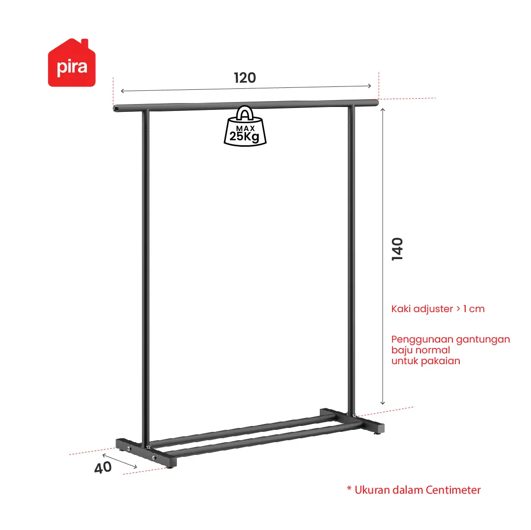 Panduan ukuran PIRA - ATLA CR 120 RAK GANTUNG BAJU / STAND GANTUNGAN / STAND HANGER / RAK BESI warna WHITE - PIRA