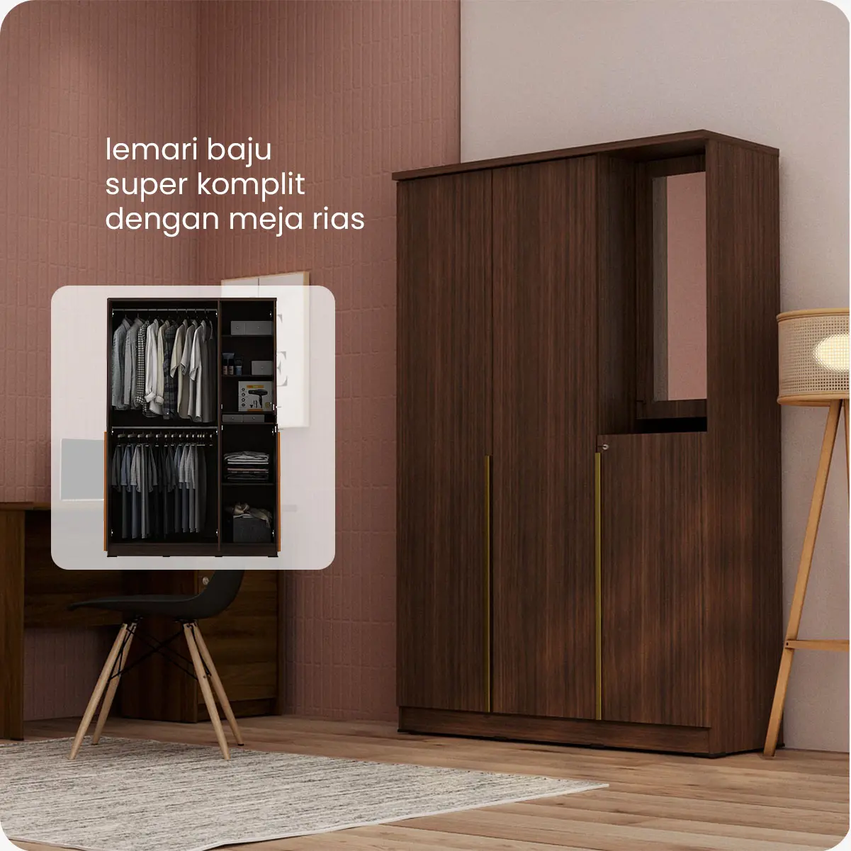 PIRA METROPOLIS - YONA WDD 3 LEMARI PAKAIAN 3 PINTU DENGAN KACA RIAS warna AMERICAN WALNUT - GOLD HAIRLINE - PIRA METROPOLIS - foto 2