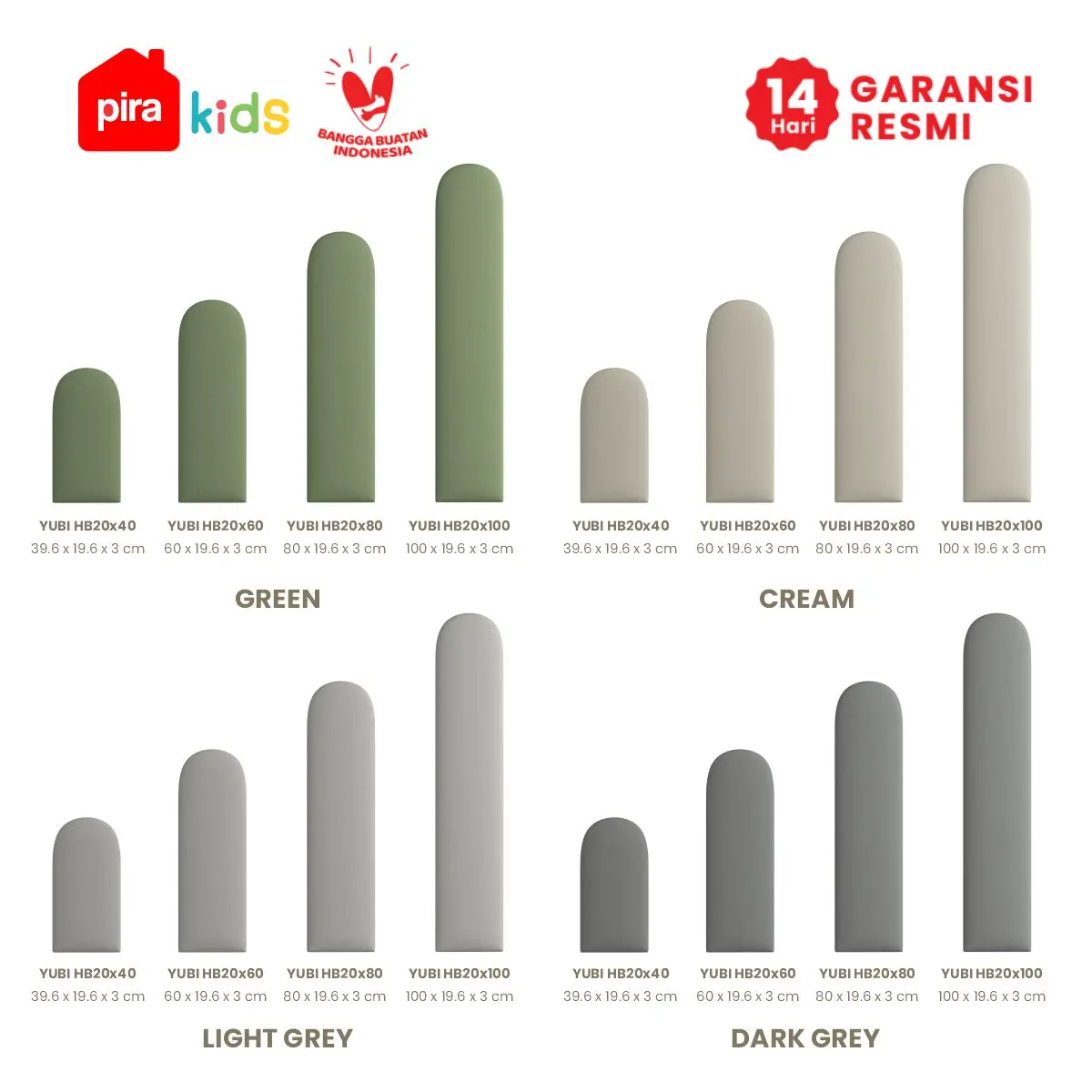 Panduan ukuran PIRA KIDS - YUBI HB20X60 HEADBOARD KASUR / WALL PANEL 3D / WALLPAPER FOAM 3D / SANDARAN BERMAIN ANAK 1 PCS warna LIGHT GREY - PIRA KIDS