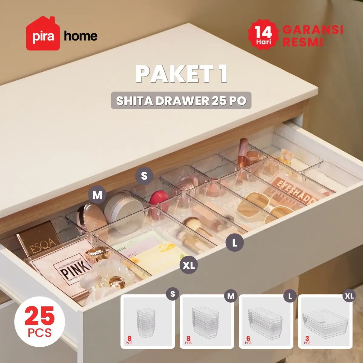 PIRA HOME -  SHITA DRAWER25 PO ORGANIZER LACI BENING / SEKAT LACI TRANSPARAN ISI 25 PCS warna CLEAR - PIRA HOME - foto 1