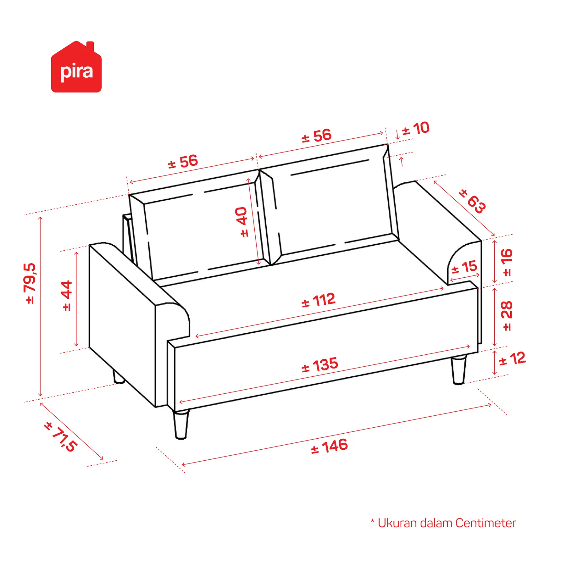 Panduan ukuran PIRA - AMARTA 2S SOFA 2 SEATER warna SPACE BLUE KG - PIRA