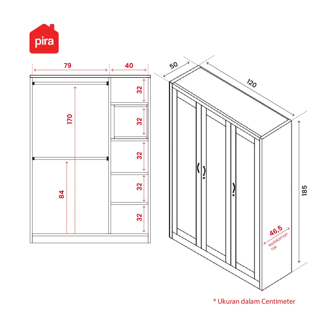 Panduan ukuran PIRA -  LINIO 3P MR MWD LEMARI PAKAIAN BESI 3 PINTU SWING DENGAN CERMIN warna WHITE - PIRA