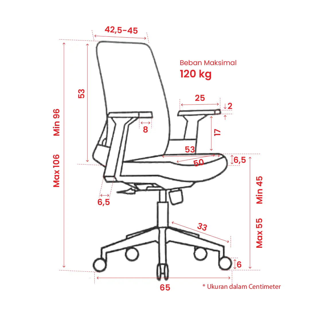 Panduan ukuran WORKDESIGN - AHSOKA PC PR KURSI KANTOR / KURSI KERJA ERGONOMIS DENGAN SANDARAN KEPALA DAN LUMBAR SUPPORT warna PINK - WHITE LIGHT GREY - WORKDESIGN