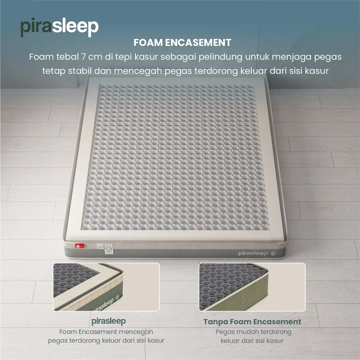 PIRA SLEEP 1 MF C200 KASUR SPRING BED ADEM / DINGIN DENGAN COOLING FABRIC | MEDIUM FIRM POCKET SPRING & FOAM ENCASEMENT warna WHITE - CREAM - PIRA SLEEP - foto 5