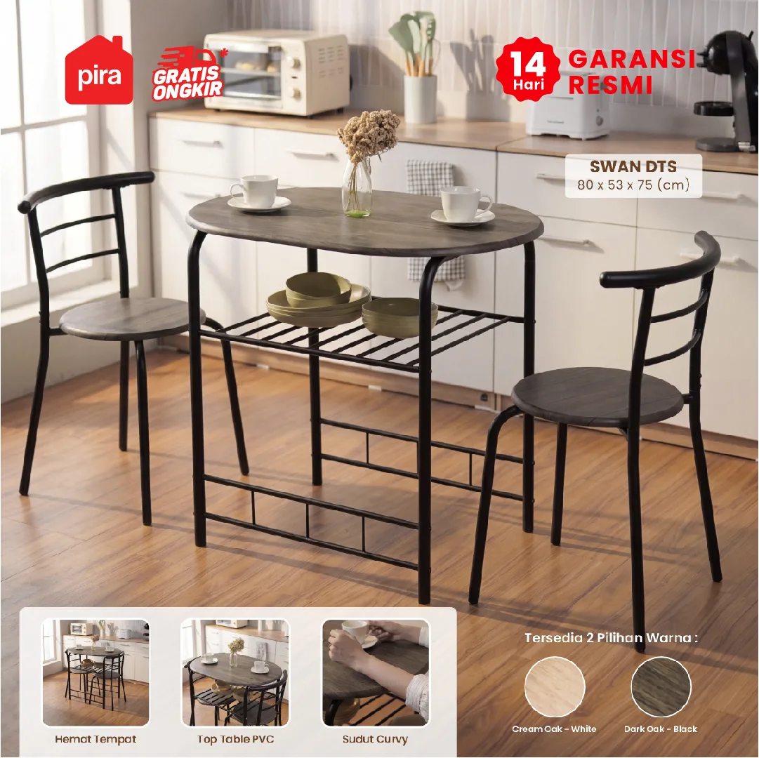 PIRA - SWAN AVA DTS80 SET MEJA MAKAN DENGAN 2 SET KURSI warna DARK OAK - BLACK - PIRA - foto 1