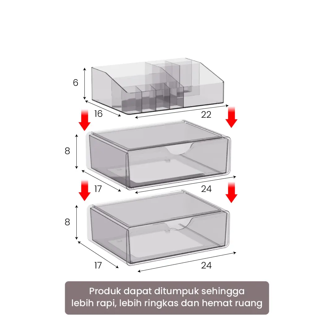 Panduan ukuran PIRA HOME -  SHITA DISPLAY PO KOTAK PENYIMPANAN / RAK KOSMETIK / RAK MAKEUP / TEMPAT PENYIMPANAN TRANSPARAN warna CLEAR - PIRA HOME