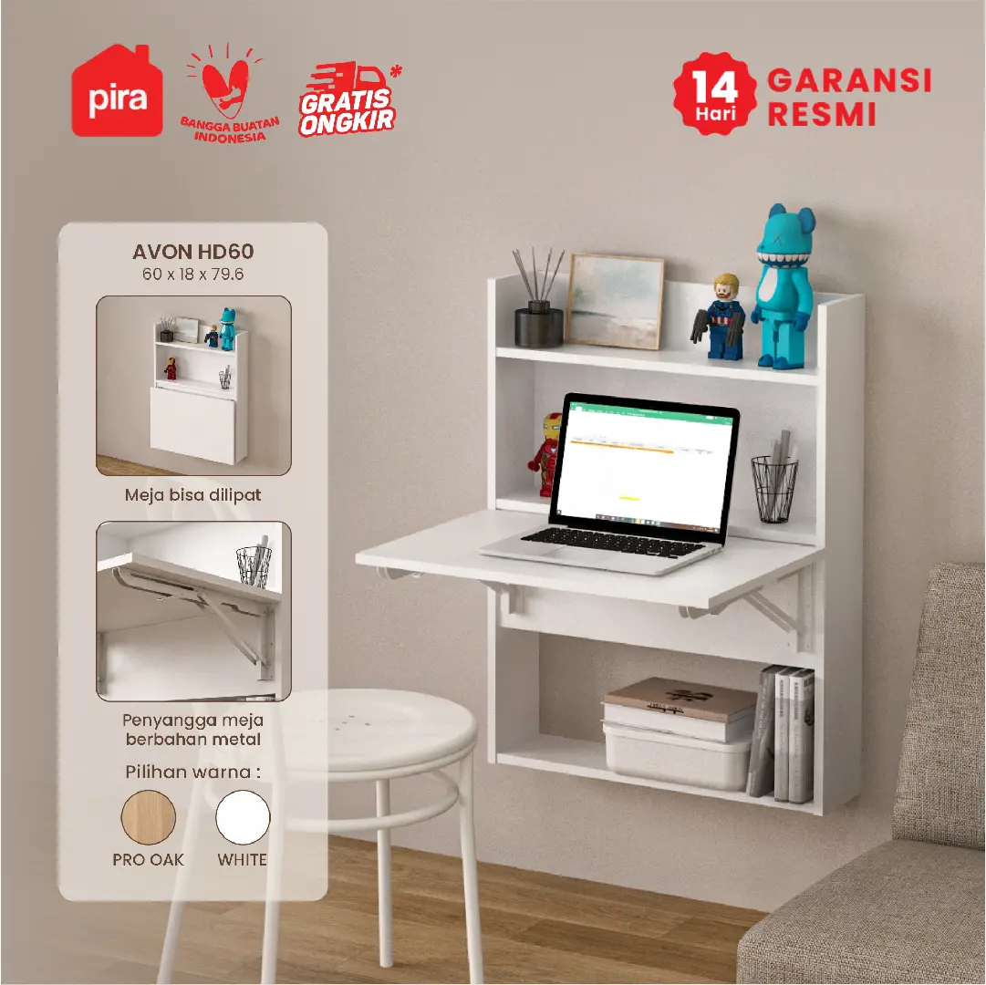 PIRA - AVON HD60 MEJA LIPAT DINDING / MEJA LAPTOP LIPAT / MEJA KERJA LIPAT warna WHITE - PIRA - foto 1