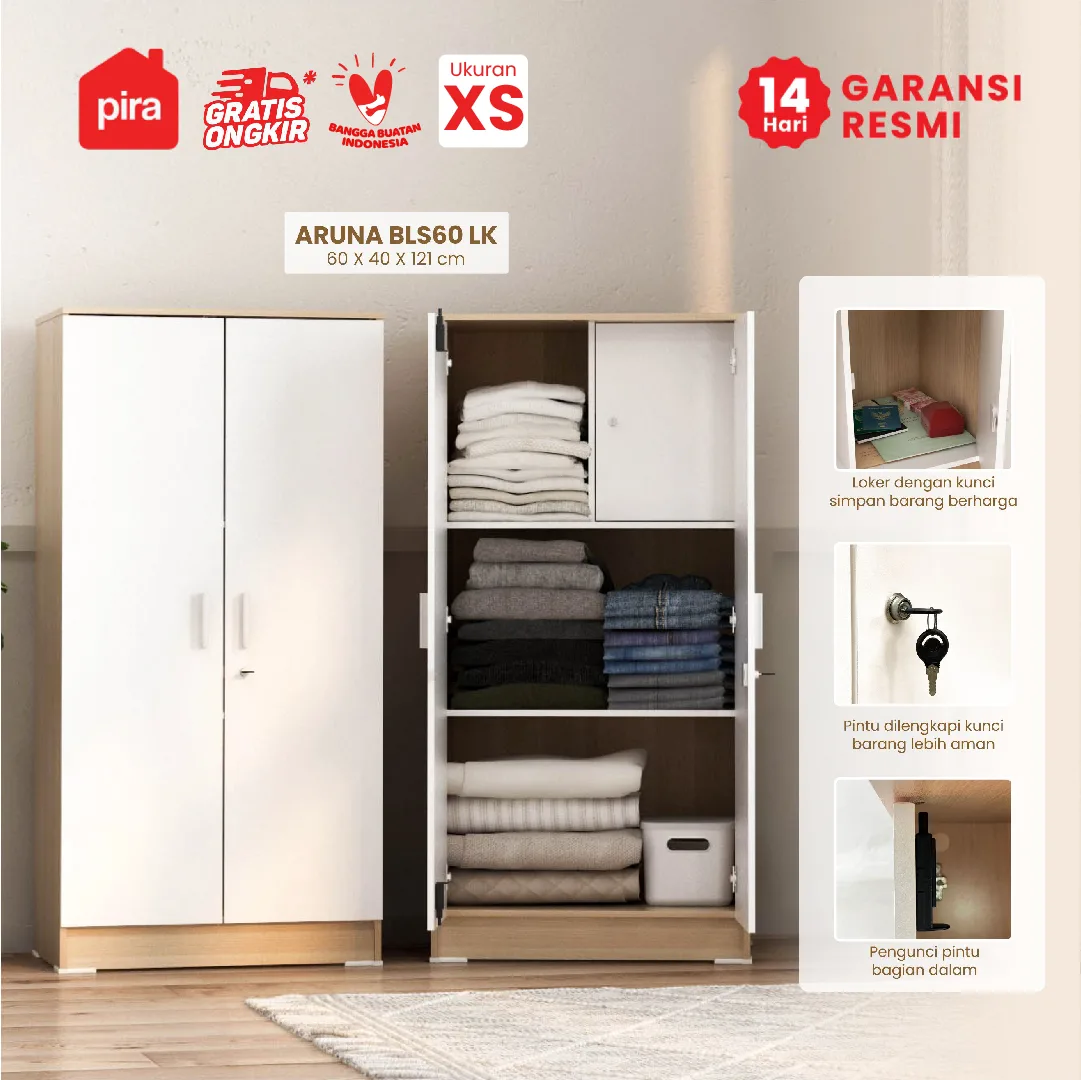 PIRA METROPOLIS OX -  ARUNA BLS60 LK LEMARI PAKAIAN MEDIUM 2 PINTU FULL RAK DENGAN LOKER PENYIMPANAN warna PRO OAK - WHITE - PIRA METROPOLIS OX - foto 1