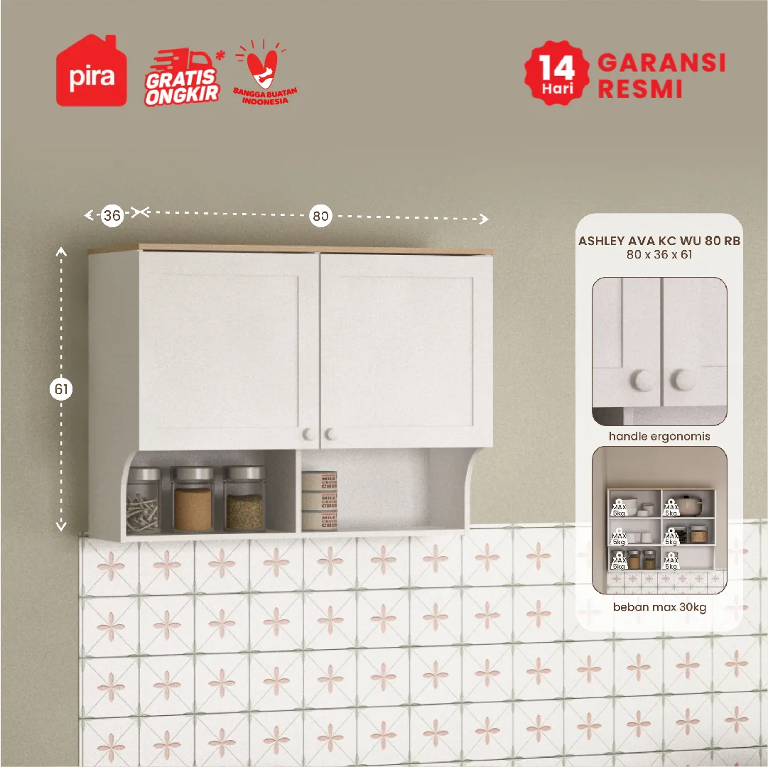 PIRA METROPOLIS - ASHLEY AVA KC WU80 RB RAK DAPUR / RAK GANTUNG DAPUR / KITCHEN SET ATAS warna WHITE - PRO OAK - PIRA METROPOLIS - foto 1