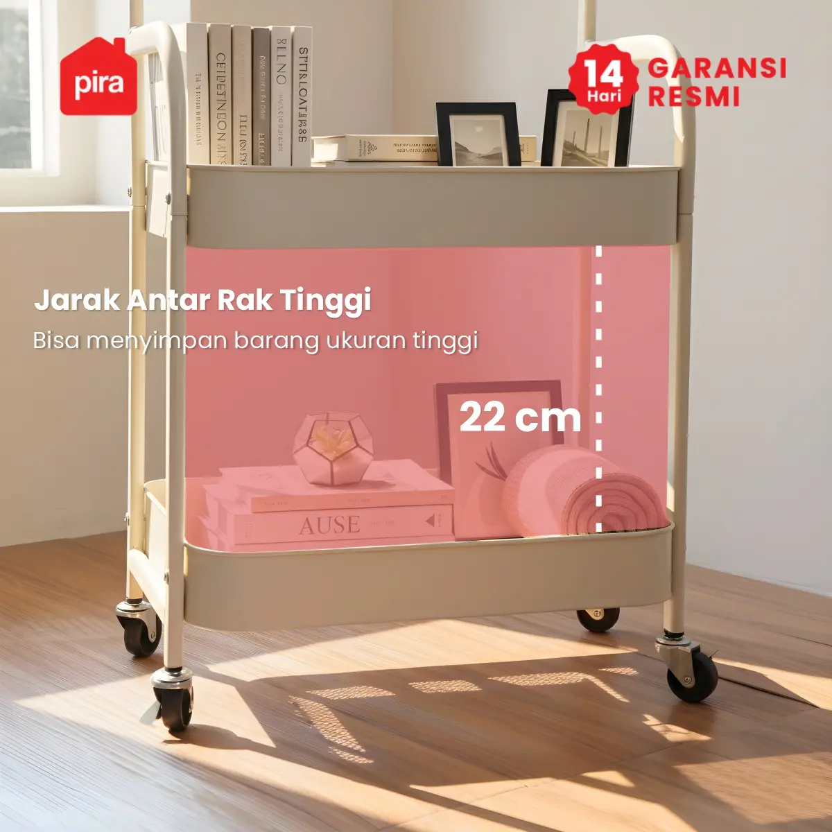 PIRA - NAGI MKT3 RAK TROLI / RAK PENYIMPANAN / RAK SERBAGUNA / RAK BESI SUSUN DENGAN MEJA DAN RODA warna CREAM - DARK OAK - PIRA - foto 5