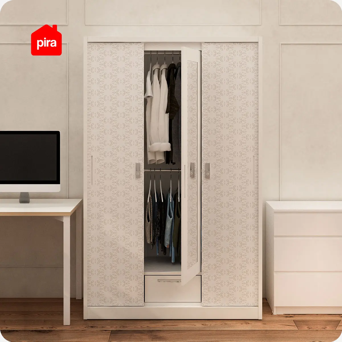 PIRA METROPOLIS -  VILO 3SSL A MWD LEMARI PAKAIAN BESI 3 PINTU SLIDING / PINTU GESER warna WHITE - METROPOLIS - foto 3