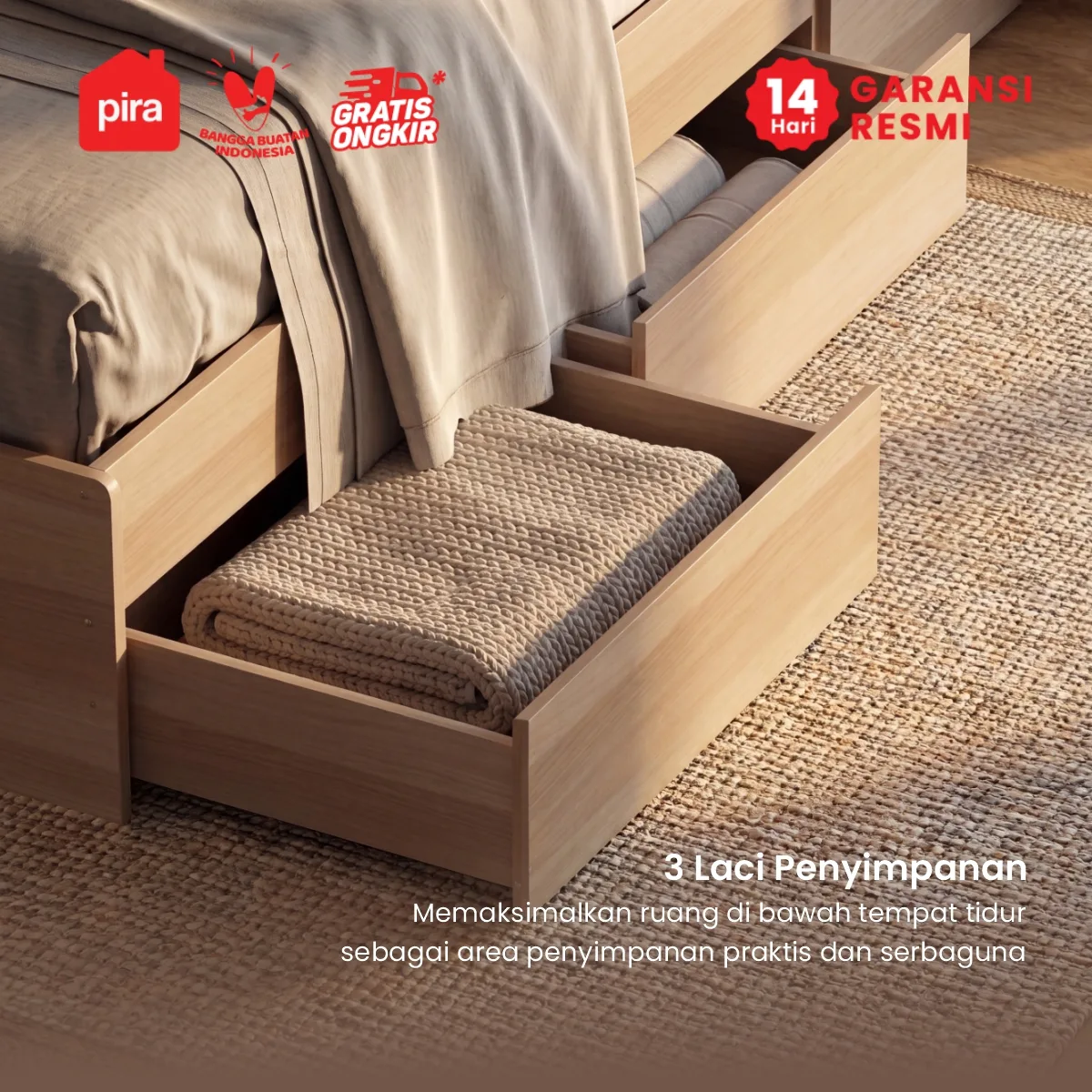 PIRA - SAMARA BD200 DIPAN / RANJANG / TEMPAT TIDUR DENGAN LACI PENYIMPANAN DAN LED warna PRO OAK - PIRA - foto 5