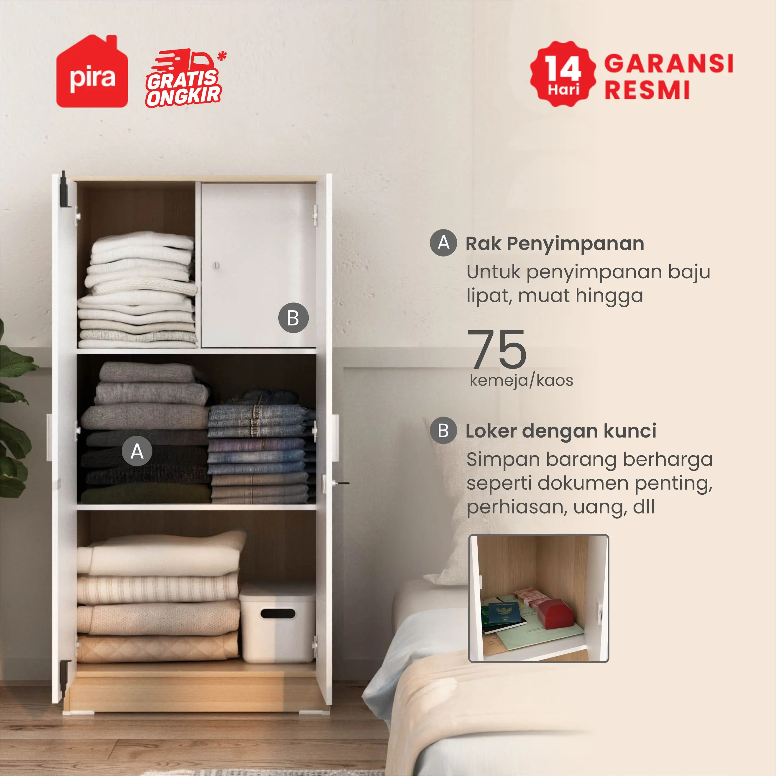 PIRA METROPOLIS OX -  ARUNA BLS60 LK LEMARI PAKAIAN MEDIUM 2 PINTU FULL RAK DENGAN LOKER PENYIMPANAN warna PRO OAK - WHITE - PIRA METROPOLIS OX - foto 2