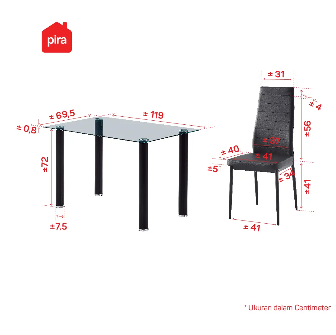 Panduan ukuran PIRA BAVARIAN -  SILVIA DTS MEJA MAKAN SET warna CLEAR - BLACK - BAVARIAN