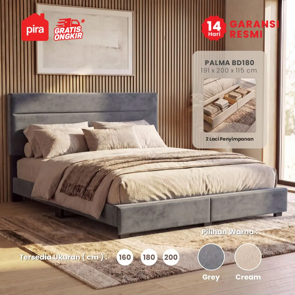 PIRA - PALMA BD180 PLATFORM BED / DIPAN / DIPAN TEMPAT TIDUR / RANJANG KASUR / DIPAN DENGAN LACI PENYIMPANAN warna GREY - PIRA - foto 1