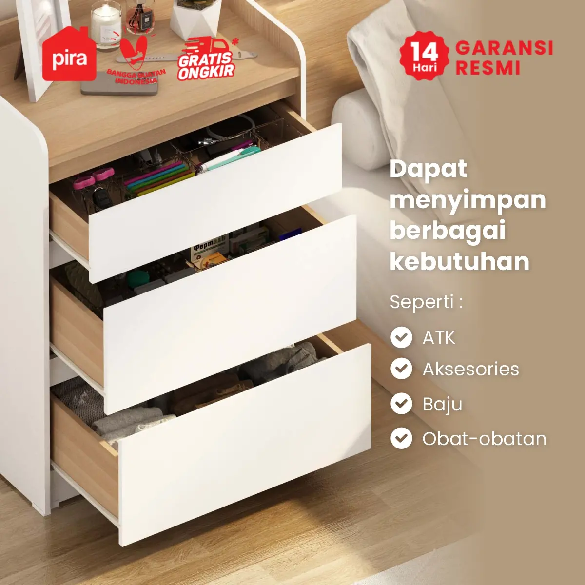 PIRA METROPOLIS - NILS CH3 LEMARI LACI 3 SUSUN / DRAWER / LEMARI SUSUN warna WHITE - PRO OAK - PIRA METROPOLIS - foto 6