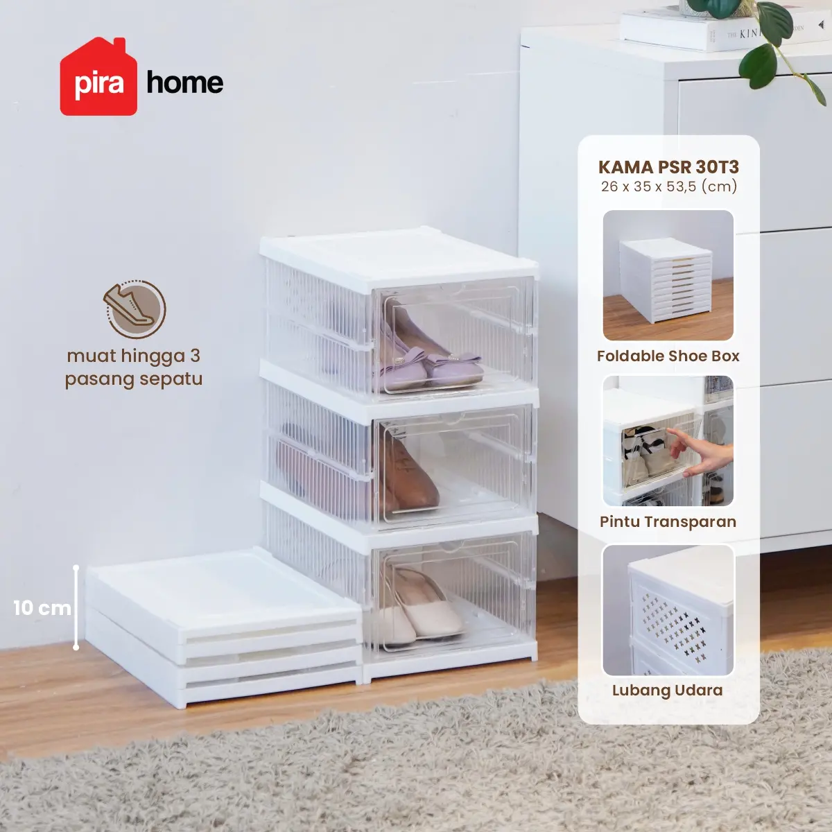 PIRA -  KAMA PSR RAK SEPATU LIPAT 1 PINTU / KOTAK SEPATU TRANSPARAN / RAK SEPATU SUSUN TERTUTUP warna CLEAR WHITE - PIRA - foto 1