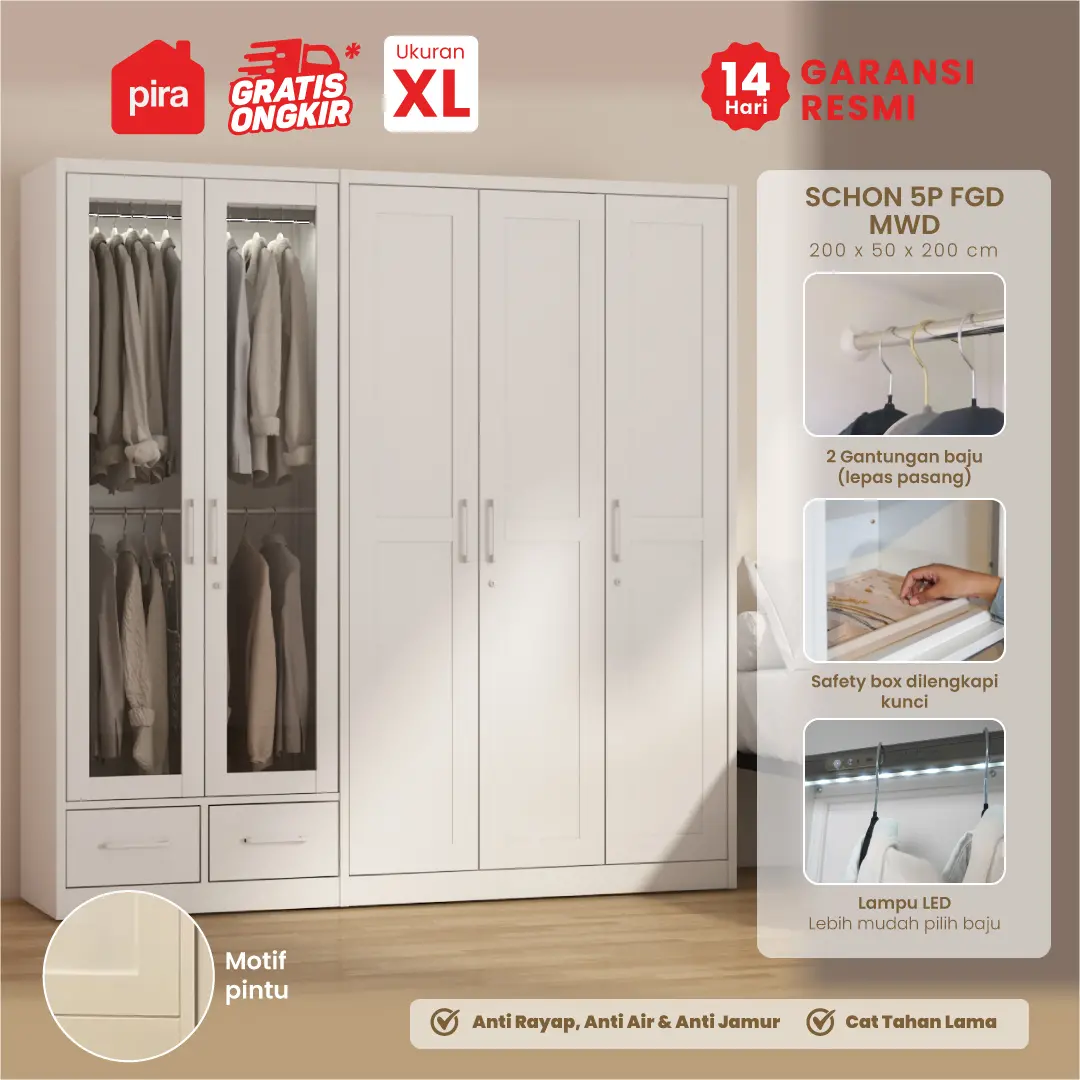 PIRA - SCHON 5P FGD MWD LEMARI PAKAIAN BESI 5 PINTU DENGAN LACI DAN LED warna WHITE - PIRA - foto 1