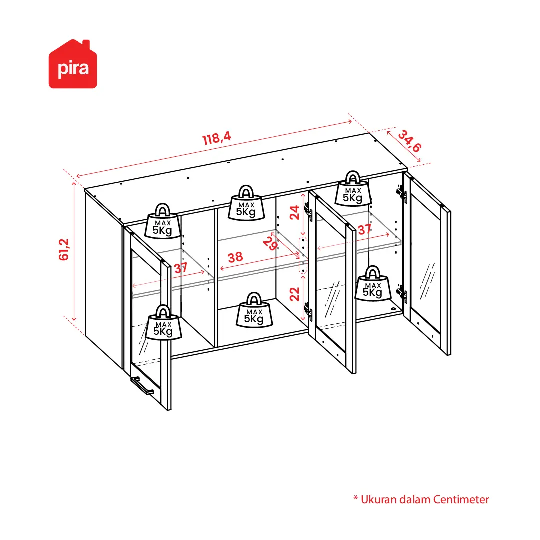 Panduan ukuran PIRA METROPOLIS OX -  ARUNA KC WU120G RAK DAPUR / RAK GANTUNG DAPUR / KITCHEN SET ATAS 3 PINTU KACA warna WHITE - PRO OAK - PIRA METROPOLIS OX