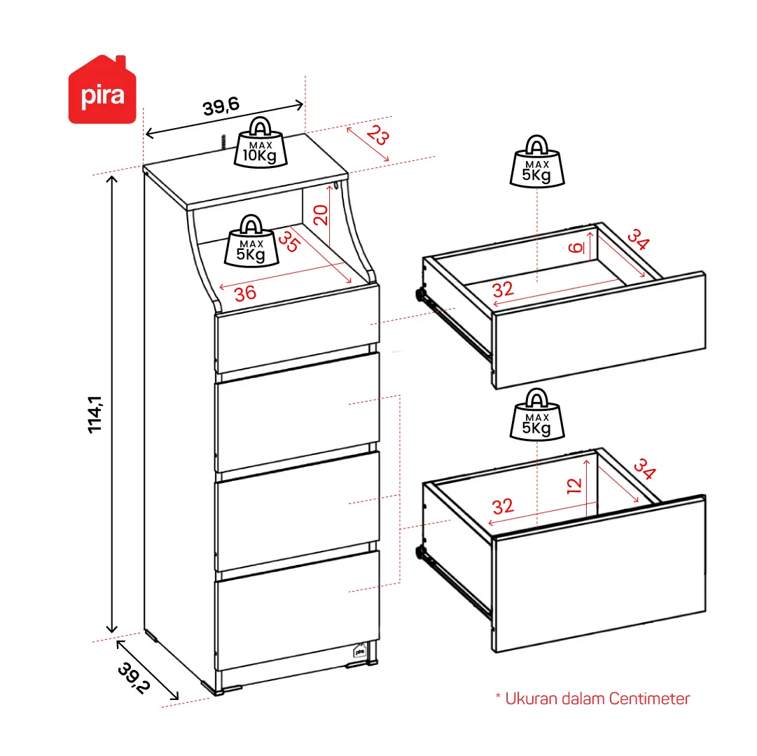Panduan ukuran PIRA -  LINUS CHS440 LEMARI LACI / LEMARI SUSUN / DRAWER warna WHITE - PIRA
