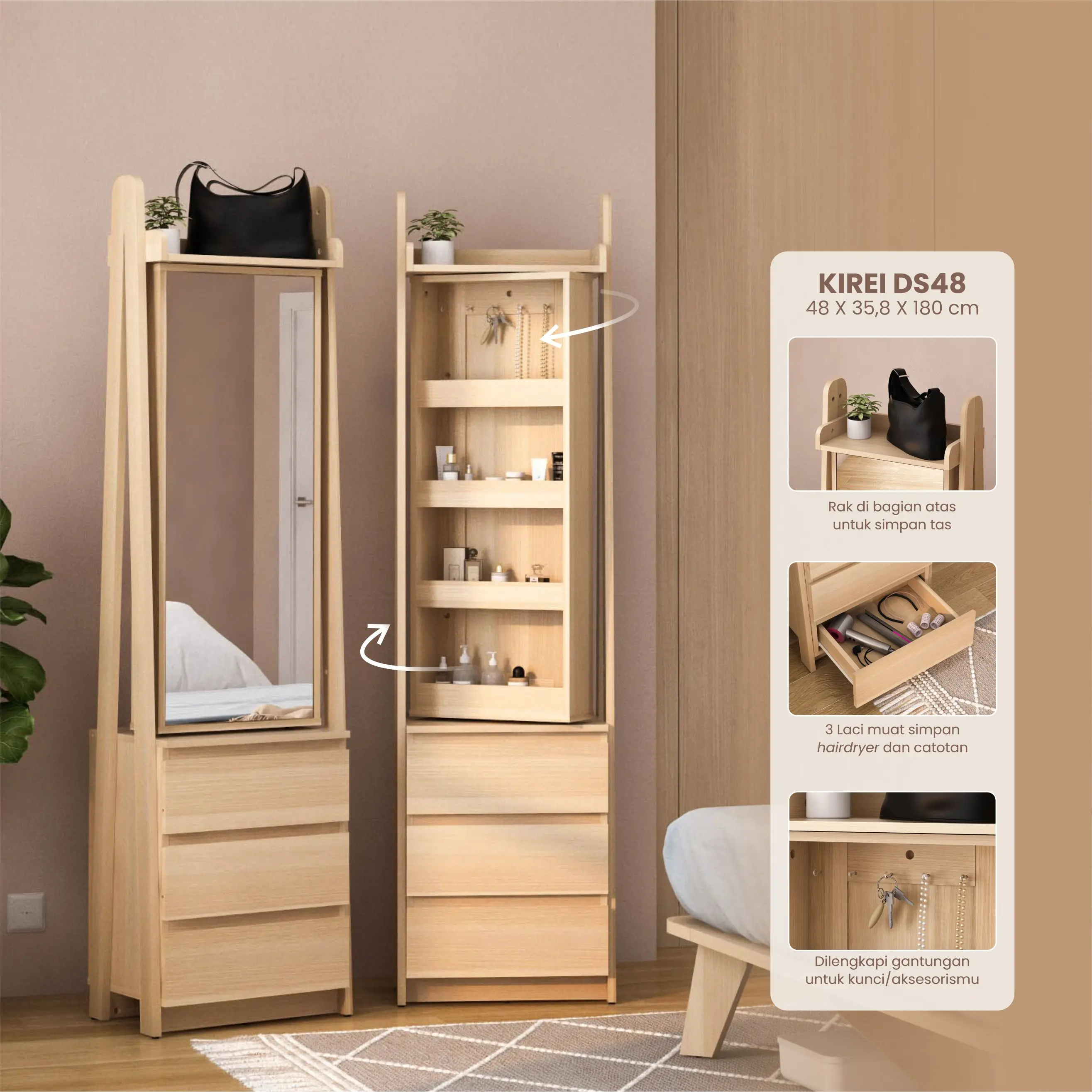 PIRA - KIREI DS48 MEJA RIAS / CERMIN FULL BODY / MEJA RIAS MINIMALIS warna PRO OAK - PIRA - foto 9