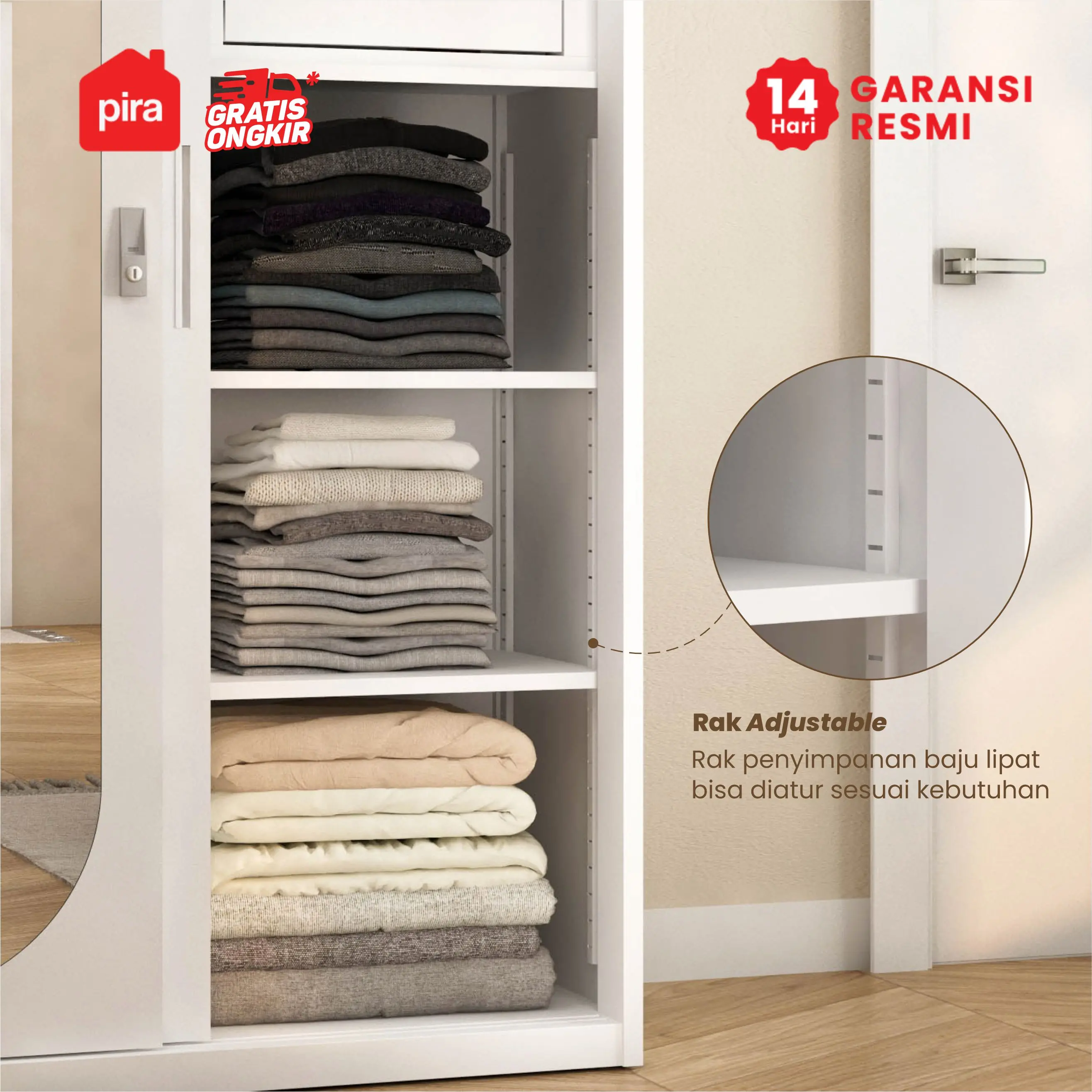 PIRA - OVELO 120 MWDSL LEMARI PAKAIAN BESI SLIDING / PINTU GESER DENGAN CERMIN OVAL DAN RAK ADJUSTABLE warna WHITE - PIRA - foto 4